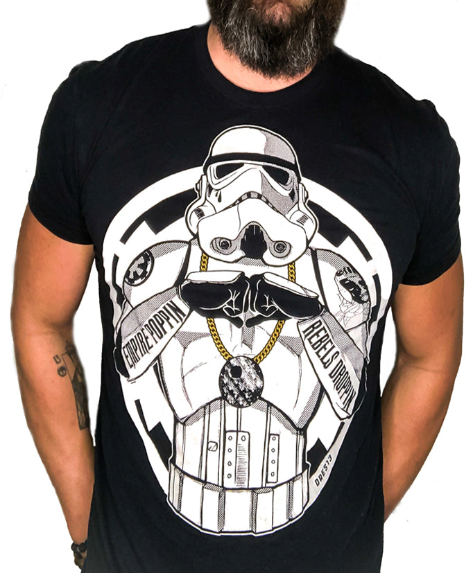 Skinnybuddha black Stormtrooper graphic T-shirt by Dres13, showing the crew neck, shoulders, and artwork
