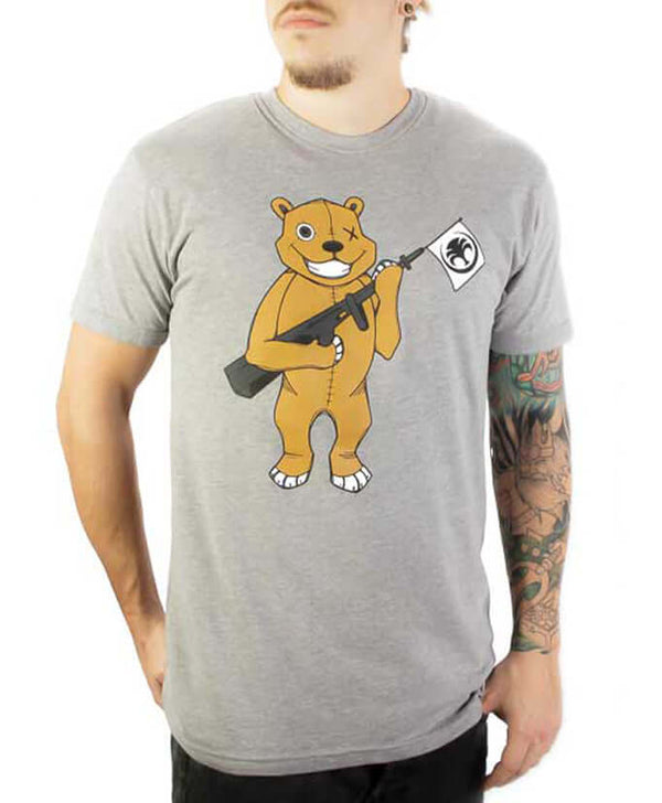 Skinnybuddha Bear Arms gray crew neck T-shirt with illustrated bear artwork, shown on a model