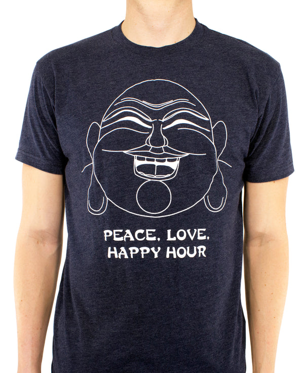 Skinnybuddha Happy Hour navy crew neck T-shirt with smiling Buddha and Peace Love Happy Hour artwork, shown on a model
