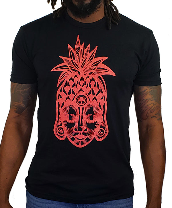 Skinnybuddha Salmon Pineapple black crew neck T-shirt with salmon-colored pineapple and Buddha artwork, shown on a model