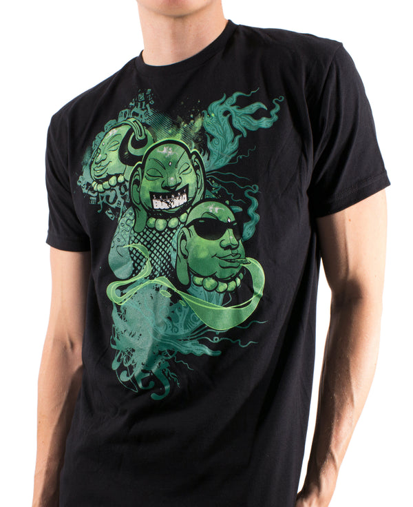 Skinnybuddha See No Evil black crew neck T-shirt with green three-head artwork, shown on a model