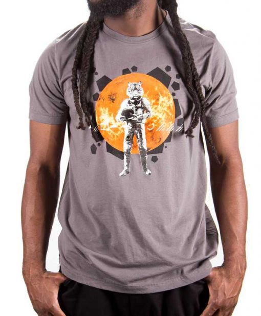 Skinnybuddha The Tigernaut gray crew neck T-shirt with tiger astronaut and orange moon artwork, shown on a model