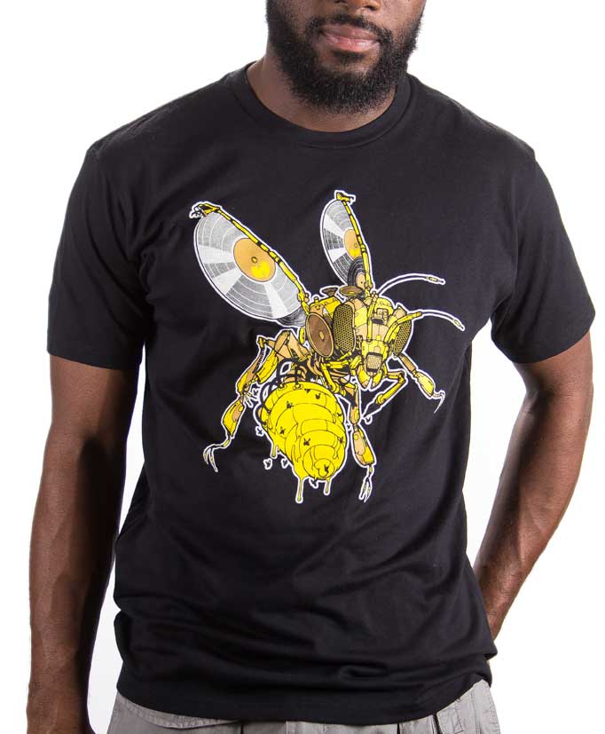Skinnybuddha The Killer Bee black crew neck T-shirt with yellow, white and gray bee artwork, shown on a model