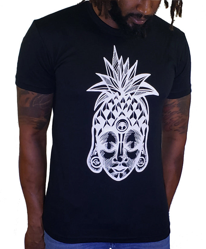 Skinnybuddha Pineapple Blanco black crew neck T-shirt with white pineapple and Buddha artwork, shown on a model